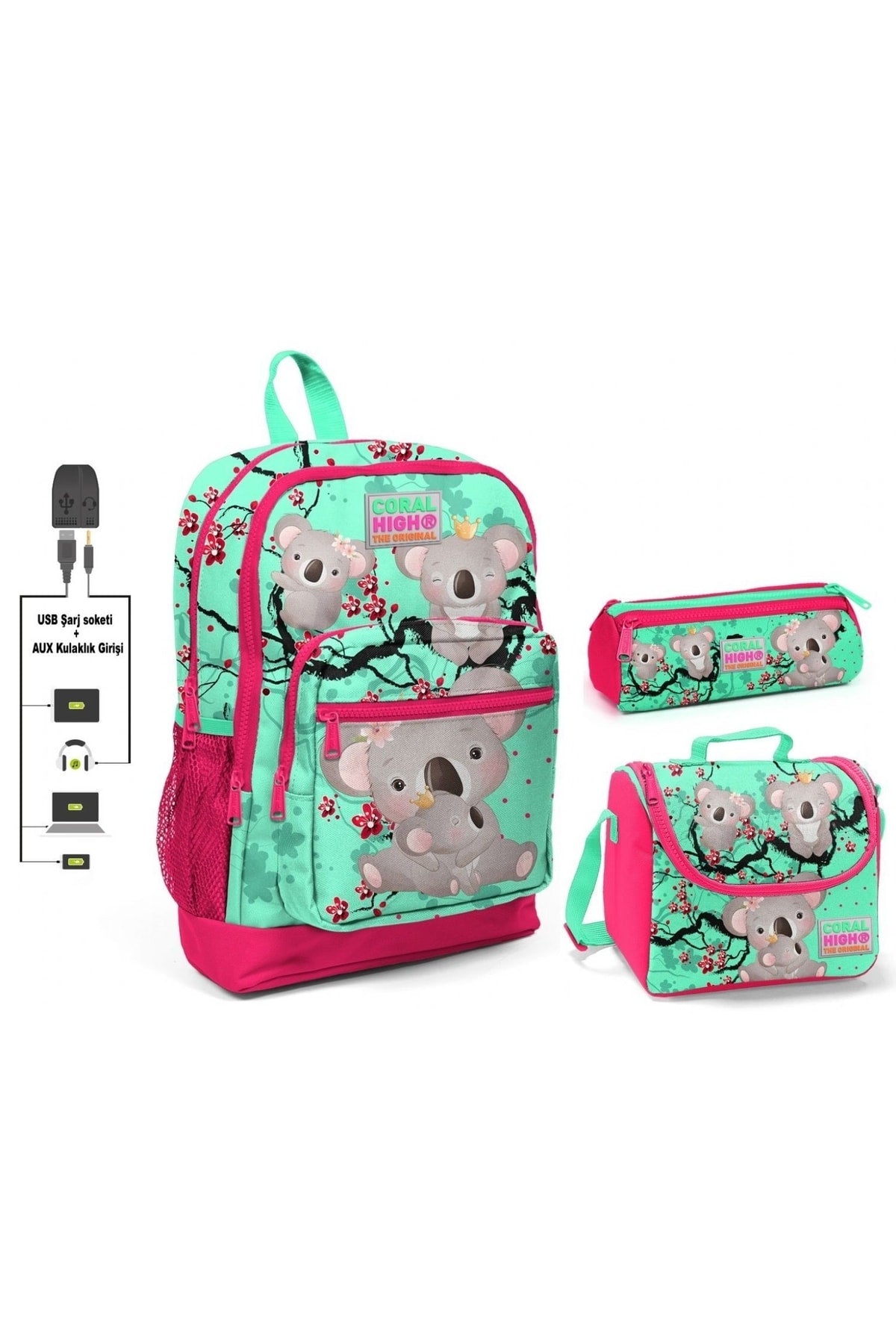 Green Koala Printed Girls' Primary School Bag Set - Usb Output