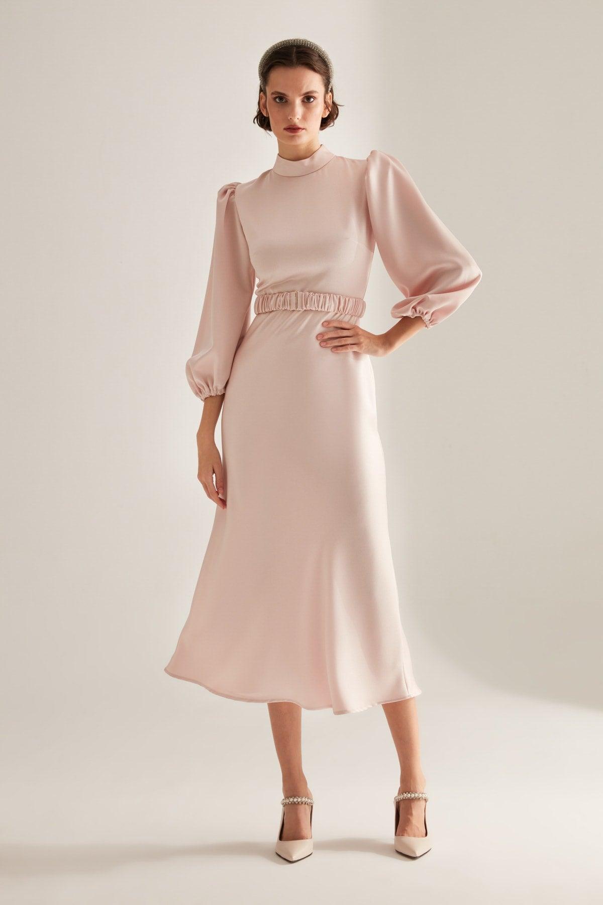 Berthe Judge Collar Powder Balloon Sleeve Evening Dress - Swordslife