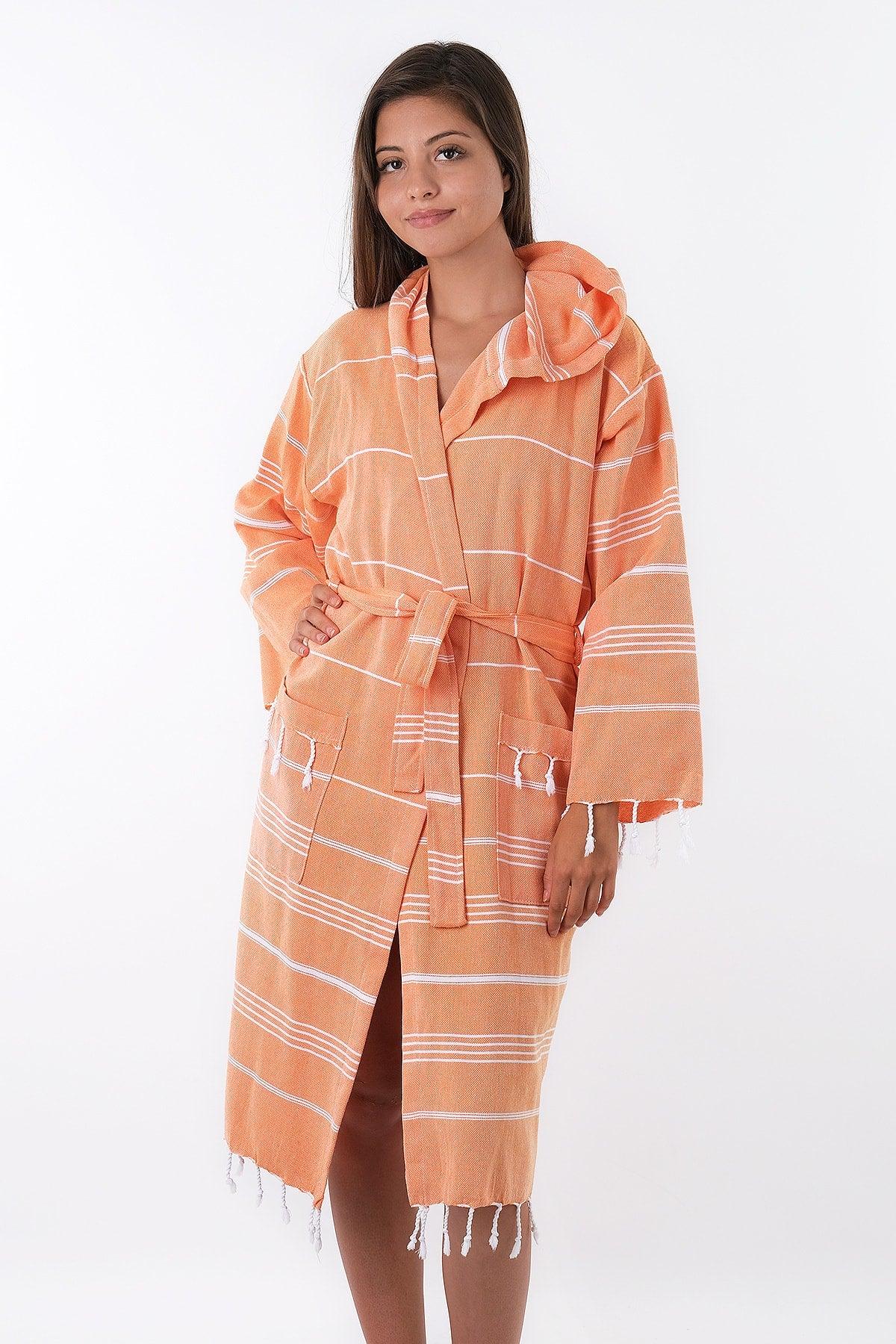 Sultan 100% Cotton Orange Color Hooded Peshtemal Bathrobe, Robe And Beach Dress - Swordslife