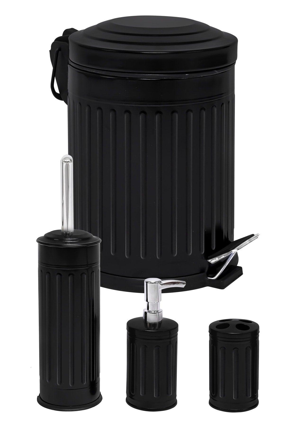 Black Vintage Trash Can Bathroom Set Striped 4 Pcs - Swordslife