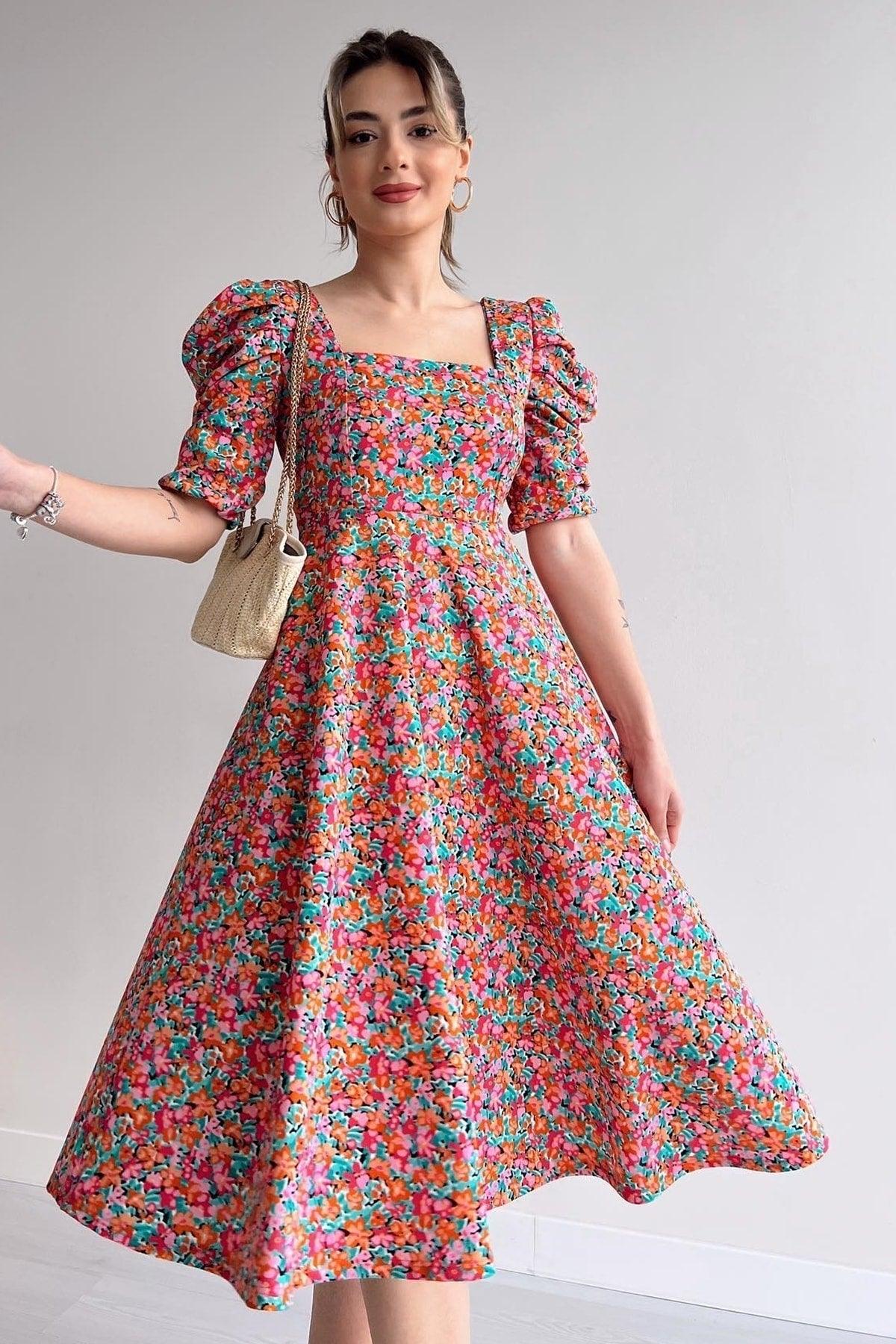 Women's Crepe Fabric Short Sleeve Square Collar Midi Length Floral Printed Summer Dress 080 - Swordslife