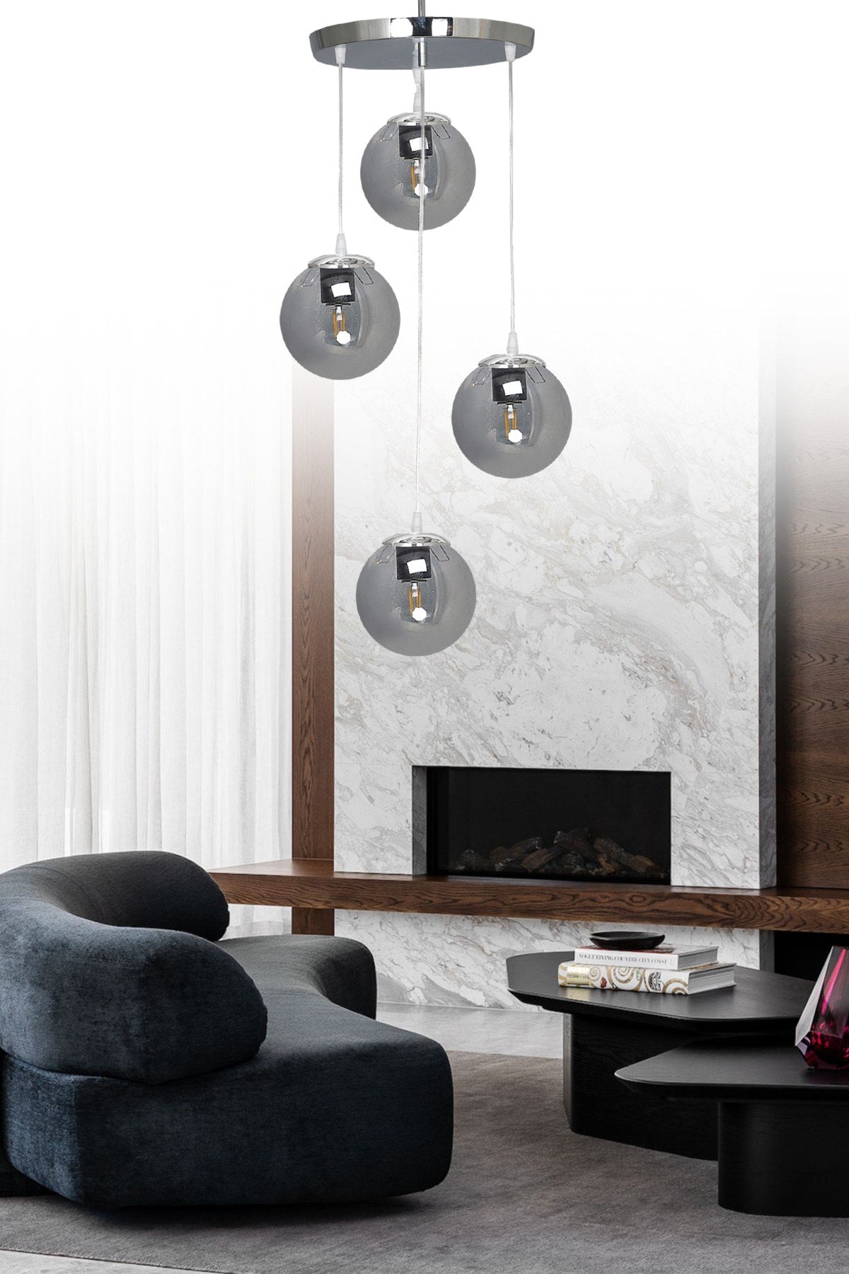 Pendant Lamp Tray Silver 4-Piece Smoked Glass Chandelier