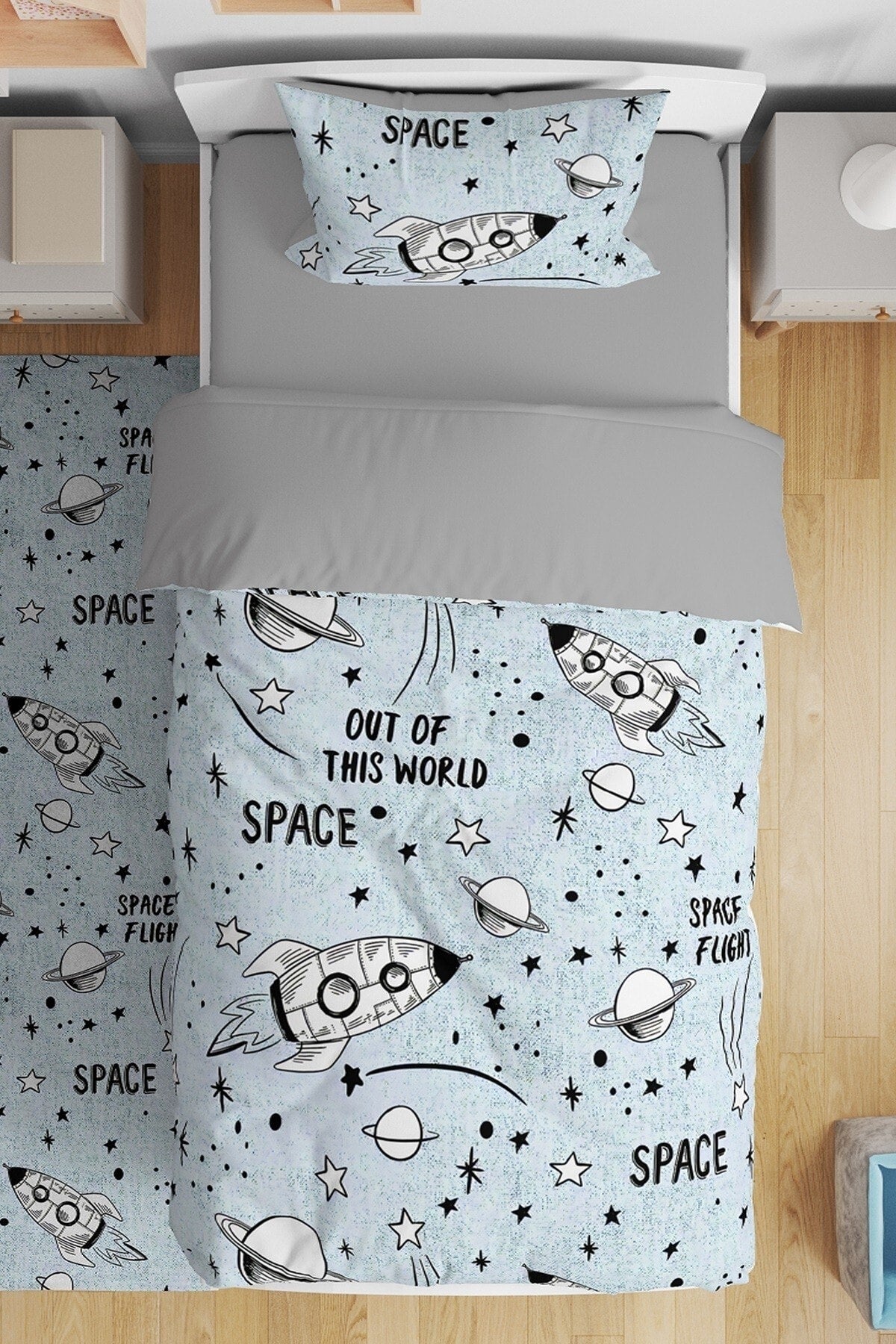 Blue Tumbled Space Patterned Single Baby Kids Duvet Cover Set