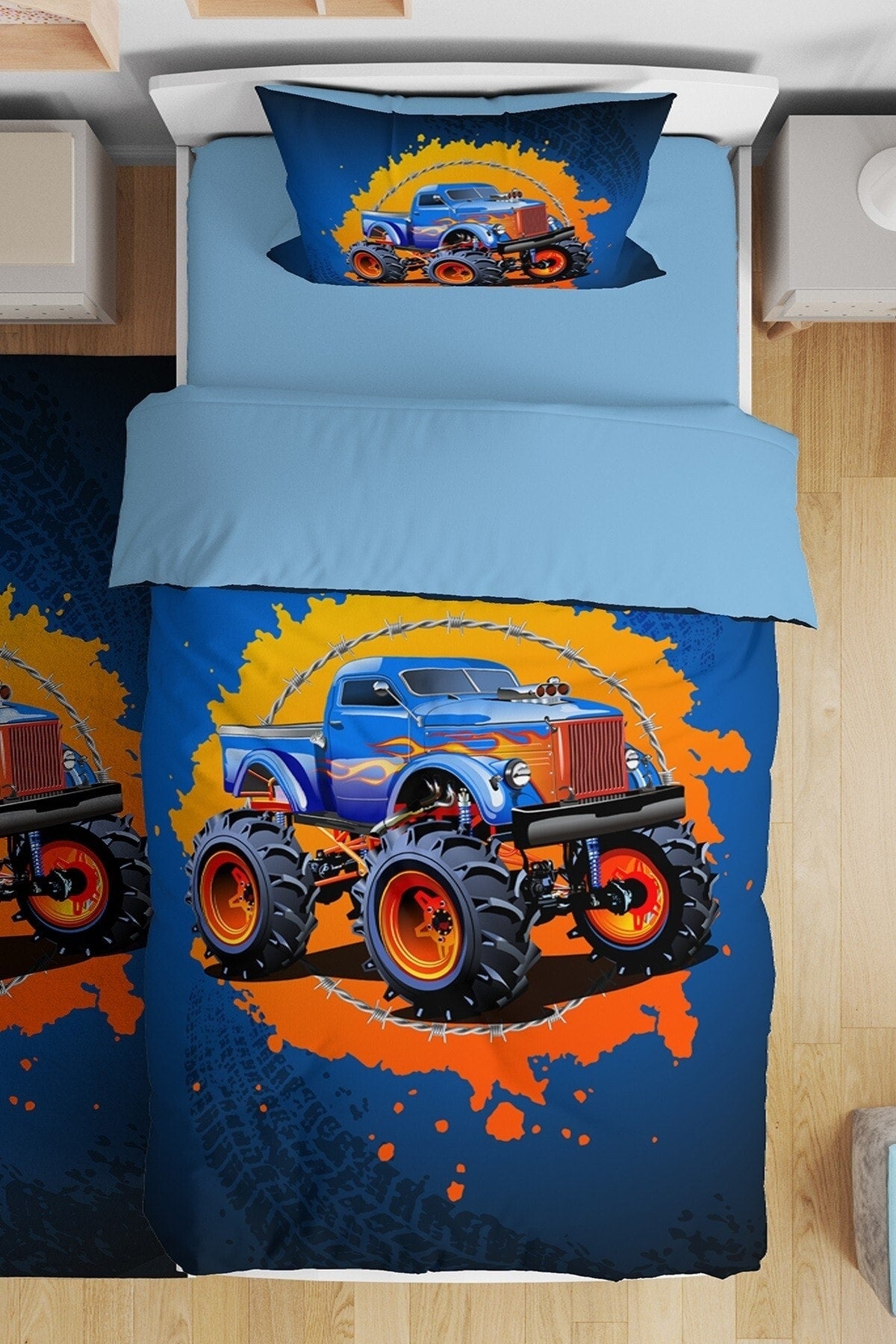 Blue Fire Monster Truck Patterned Single Baby Kids Duvet Cover Set