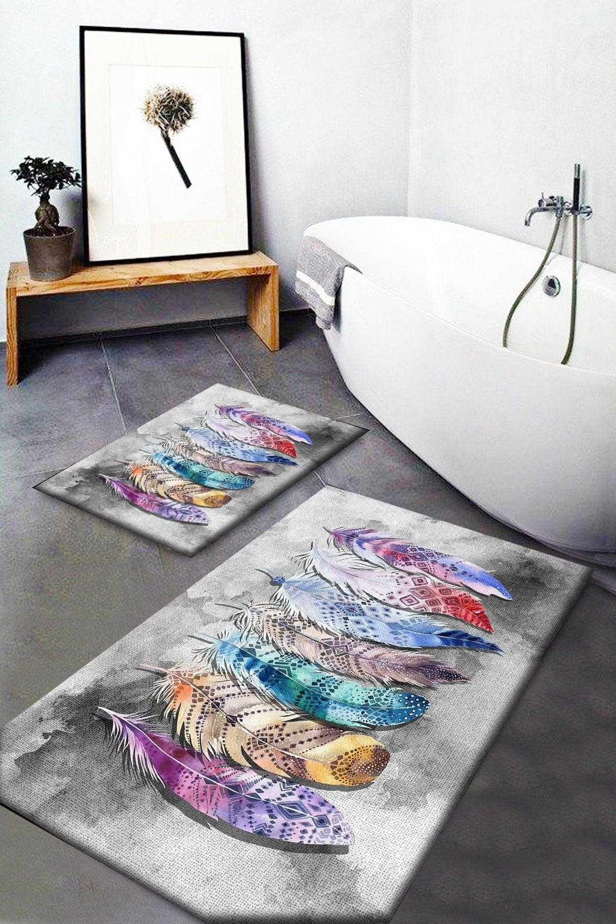 Soho Colored Ethnic Feathers Patterned Washable Non-Slip Base 2 Pcs. Bathroom Carpet Doormat Closet Set - Swordslife