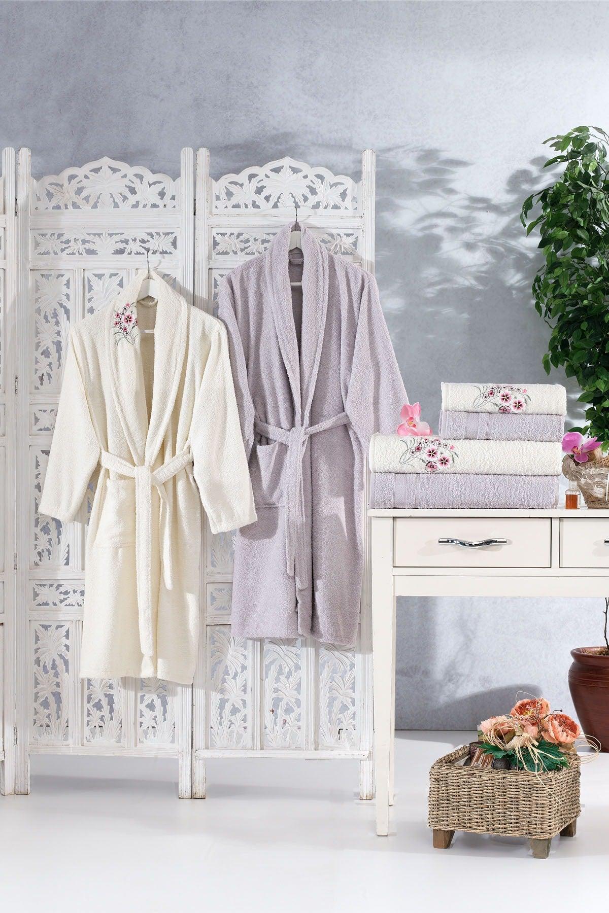 Family Embroidered Cream & Lilac Family Bathrobe Set 6 Pieces Dowry Women Men Bathrobes Bath Towel Set - Swordslife