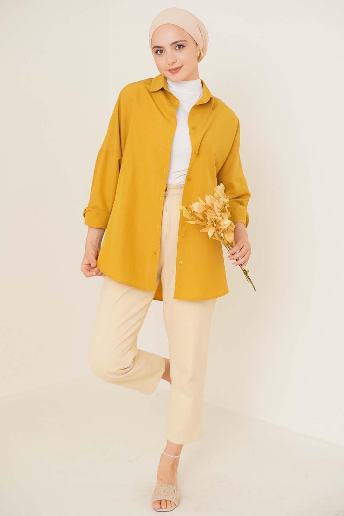 103901 Oversize Basic Hijab Shirt - Mustard - Swordslife