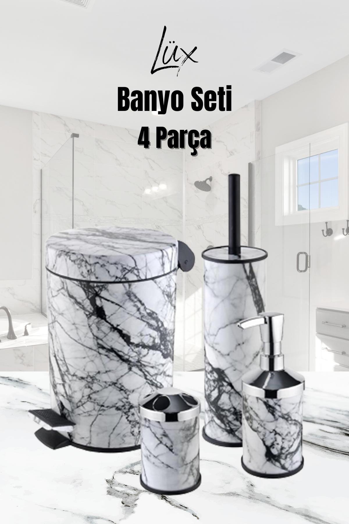 4 Pieces White Marble Patterned Bathroom Set Trash Can Toilet Brush Soap Dispenser Toothbrush Holder - Swordslife