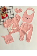 Cheerful Babies Organic Fabric Teddy Bear Embroidered Pattern 5 Pieces Hospital Outlet Set Salmon