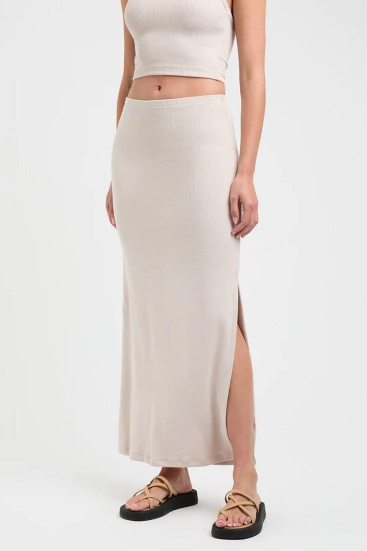 Beige Basic Women's Long Skirt With Slit Detail Mg1650 - Swordslife