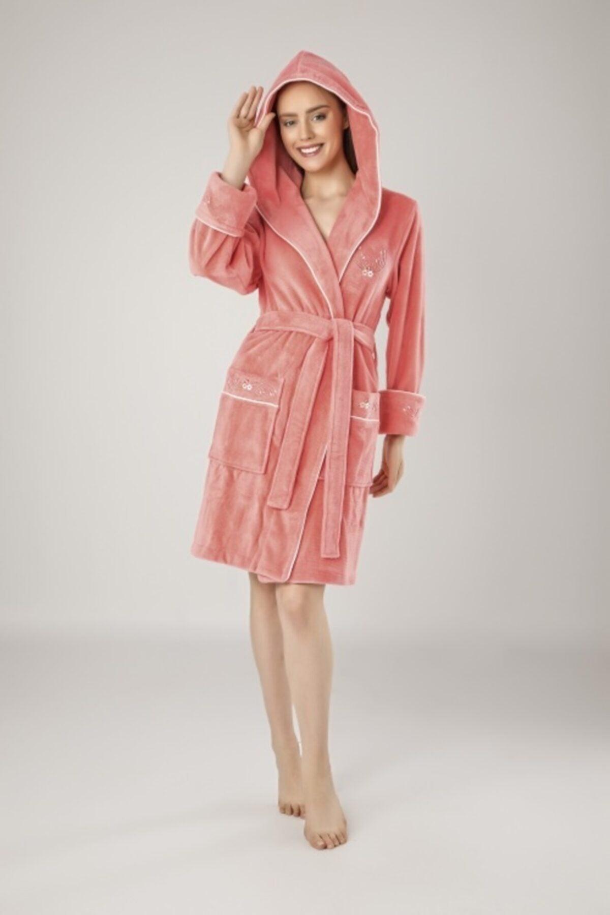 Women's Coral Short Hooded Embroidered Cotton Bathrobe - Swordslife