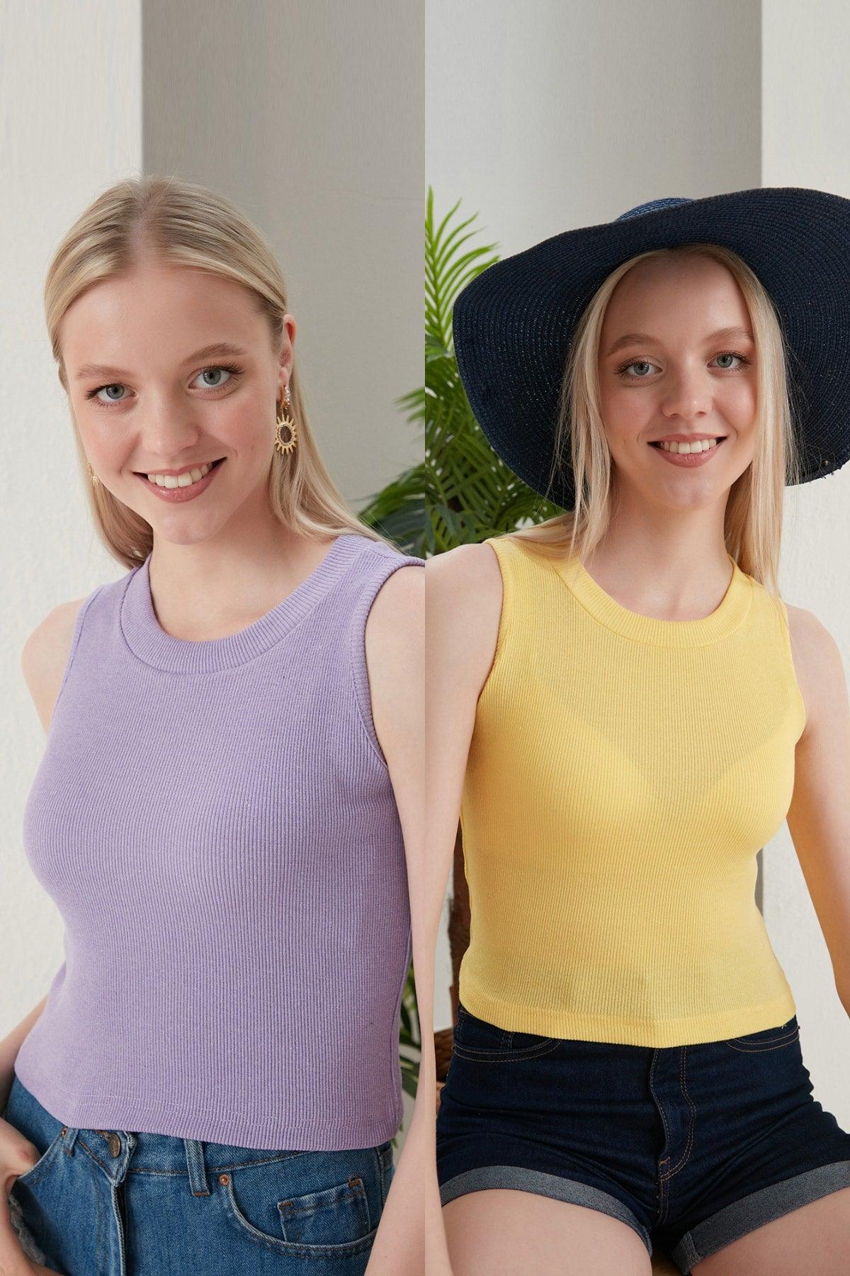 Women's Yellow Lilac Halter Neck 2 Piece Crop Blouse - Swordslife