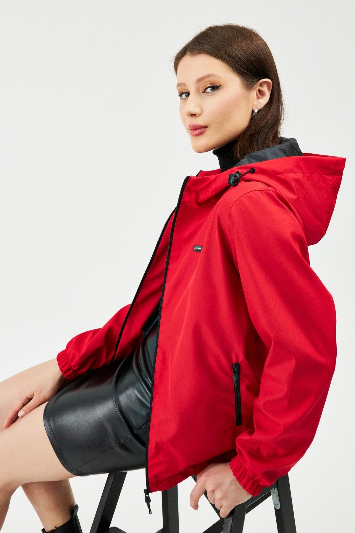 Women's Red Inner Lined Waterproof Hooded Raincoat with Pocket - Windbreaker Jacket - Swordslife