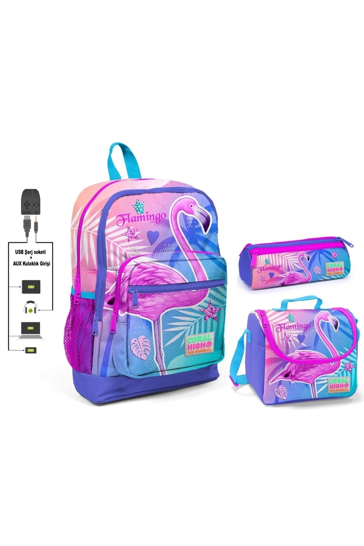 Pink Flamingo Printed Girls' Primary School Bag Set - Usb Output