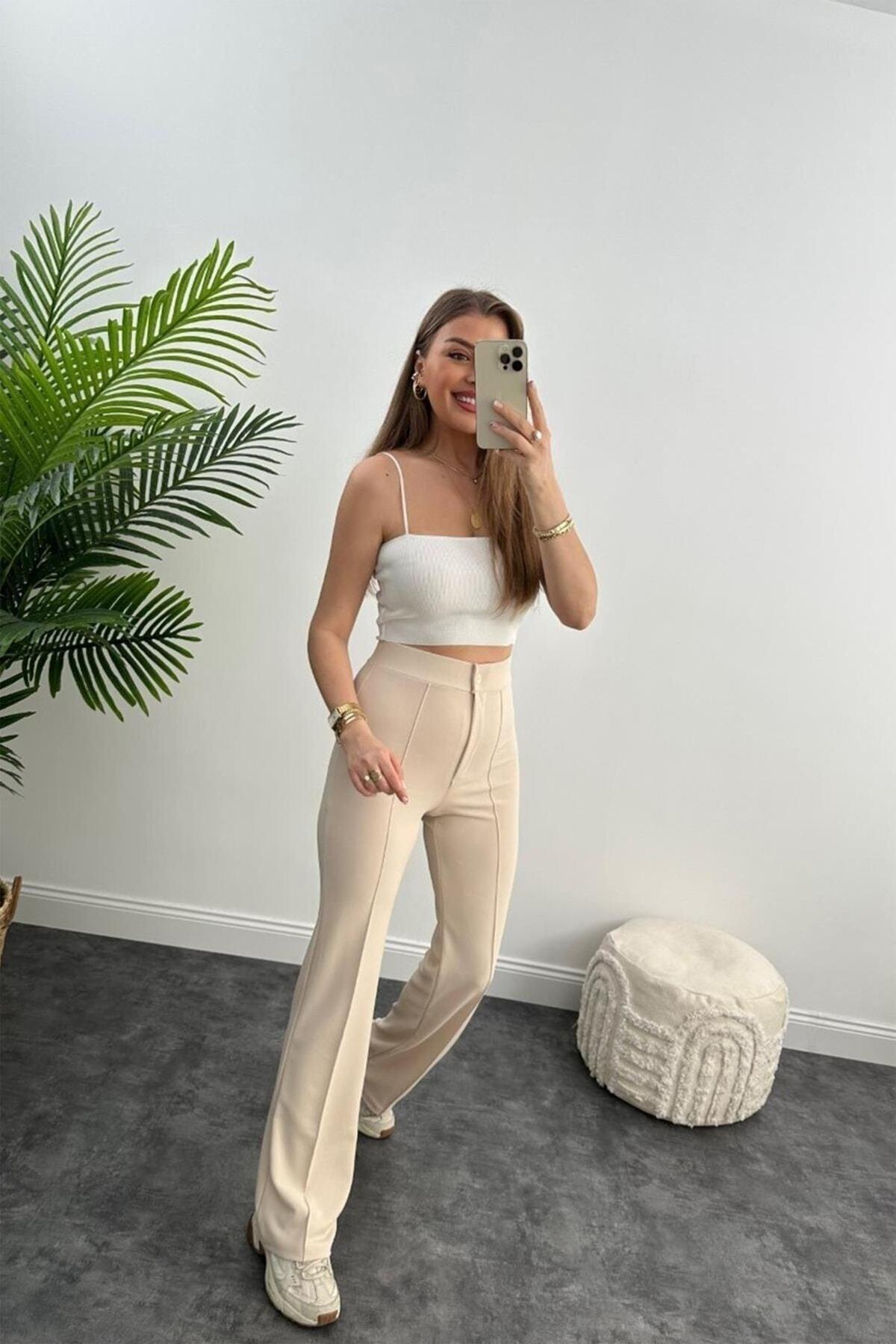 Ultra High Waist Crepe Fabric Lycra Palazzo Trousers Stone - Swordslife