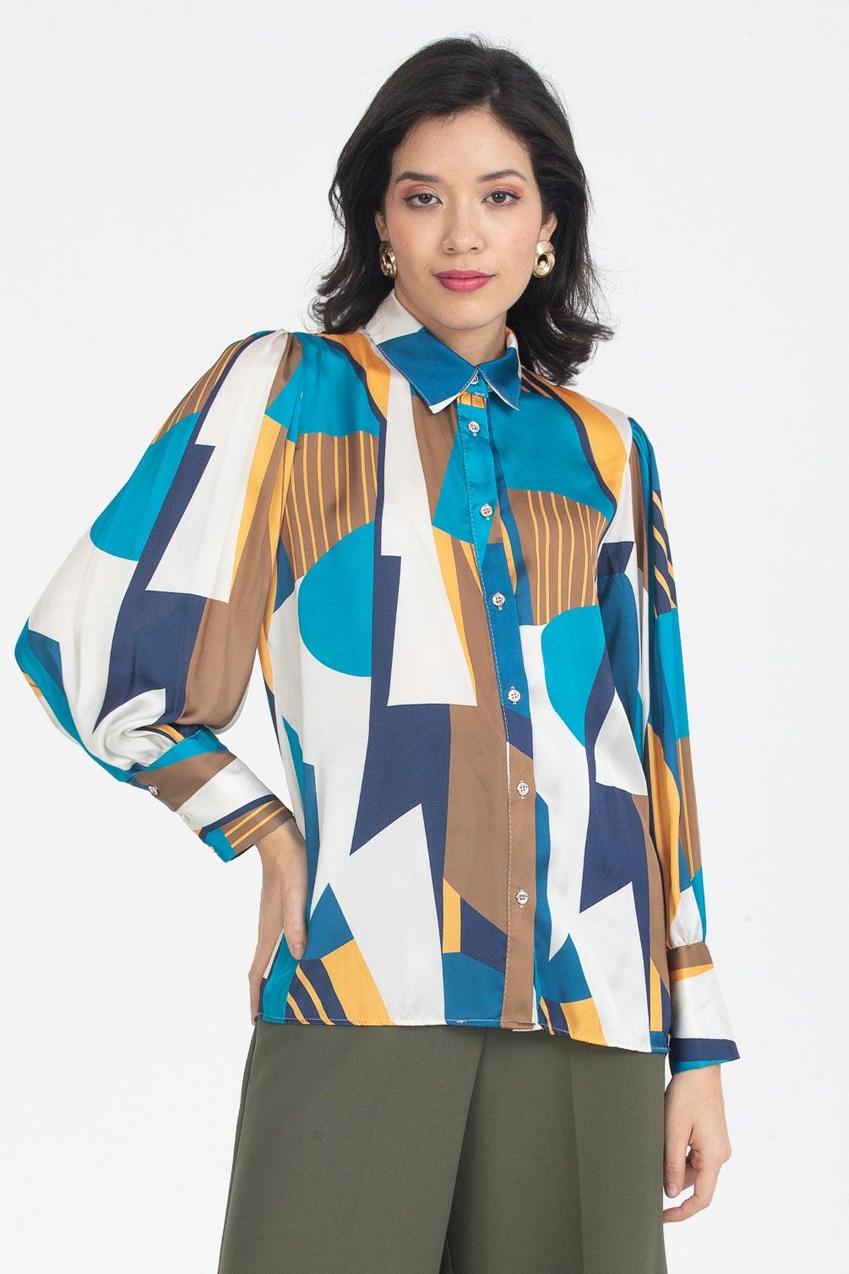 Women's Saks Balloon Sleeve Button Detailed Shoulder Pleated Geometric Pattern Satin Shirt - Swordslife