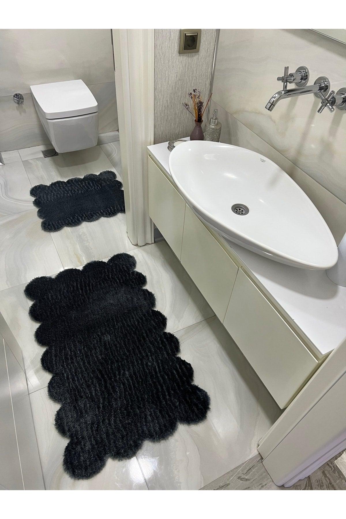 Laser Cut Double Bath Mat Anthracite Gray Plush Carpet - Swordslife