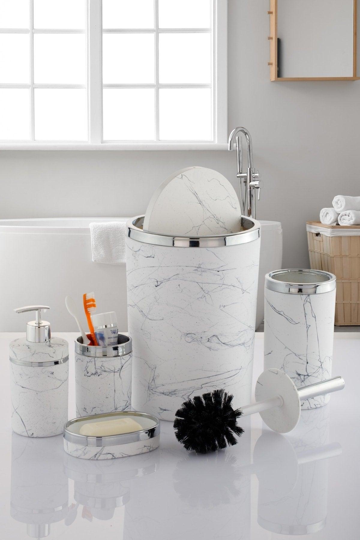 5 Piece Bathroom Set Marble Patterned Soft Color Tone Gold And Silver Plated Detailed - Swordslife