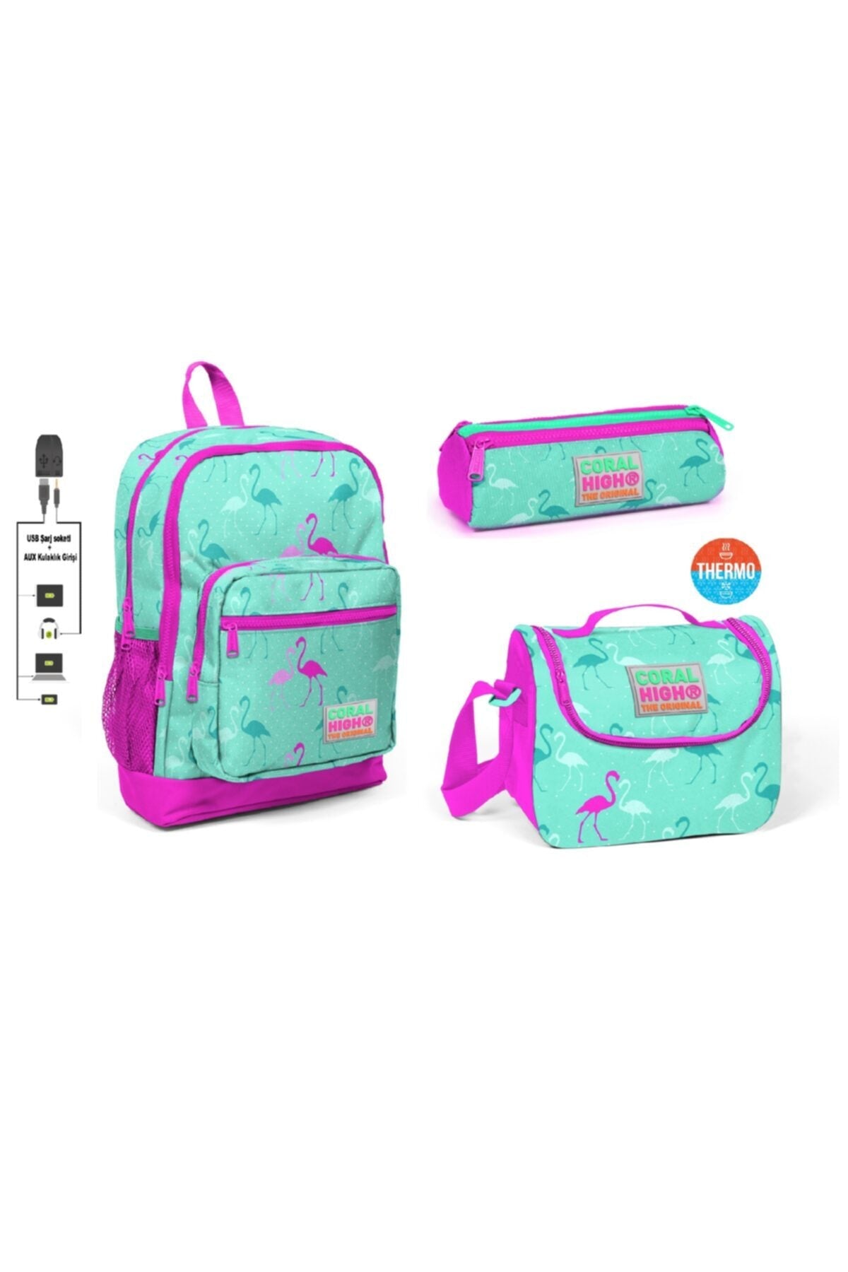 Kids Flamingo Patterned School Bag Set of 3 with Four Compartments Usb Rechargeable Headphone Outlet