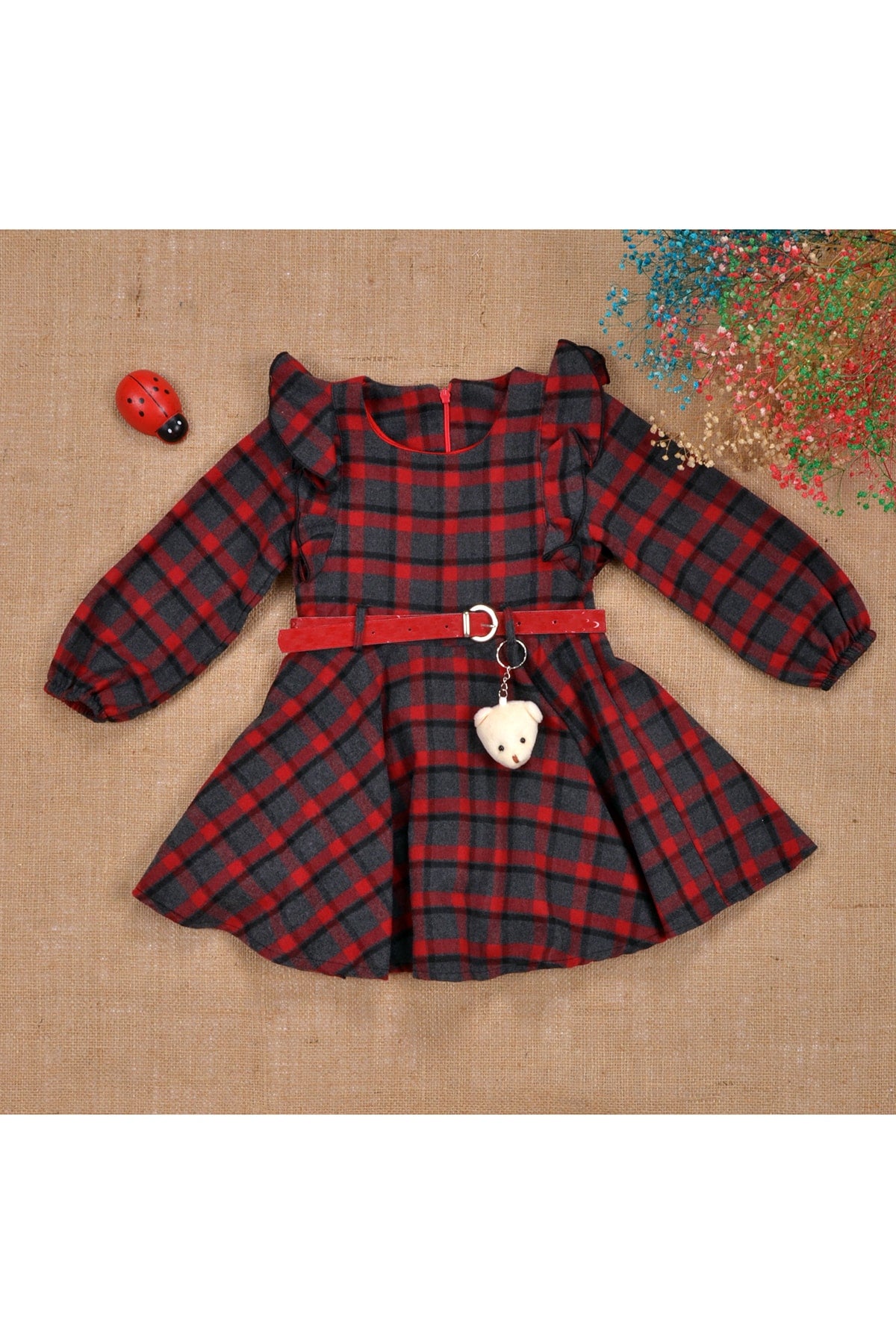 Lined, Belted, Plaid, Keychain Detailed Flannel Dress 2-5 Years