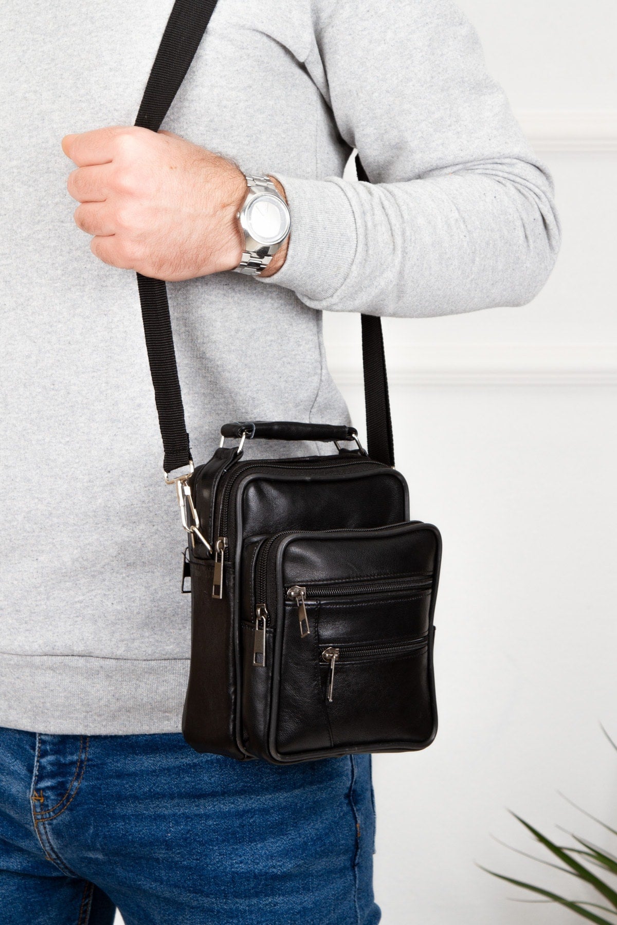 Men's Lamb Leather Hand And Shoulder Bag, Crossbody Bag Daily Black (MEDIUM)