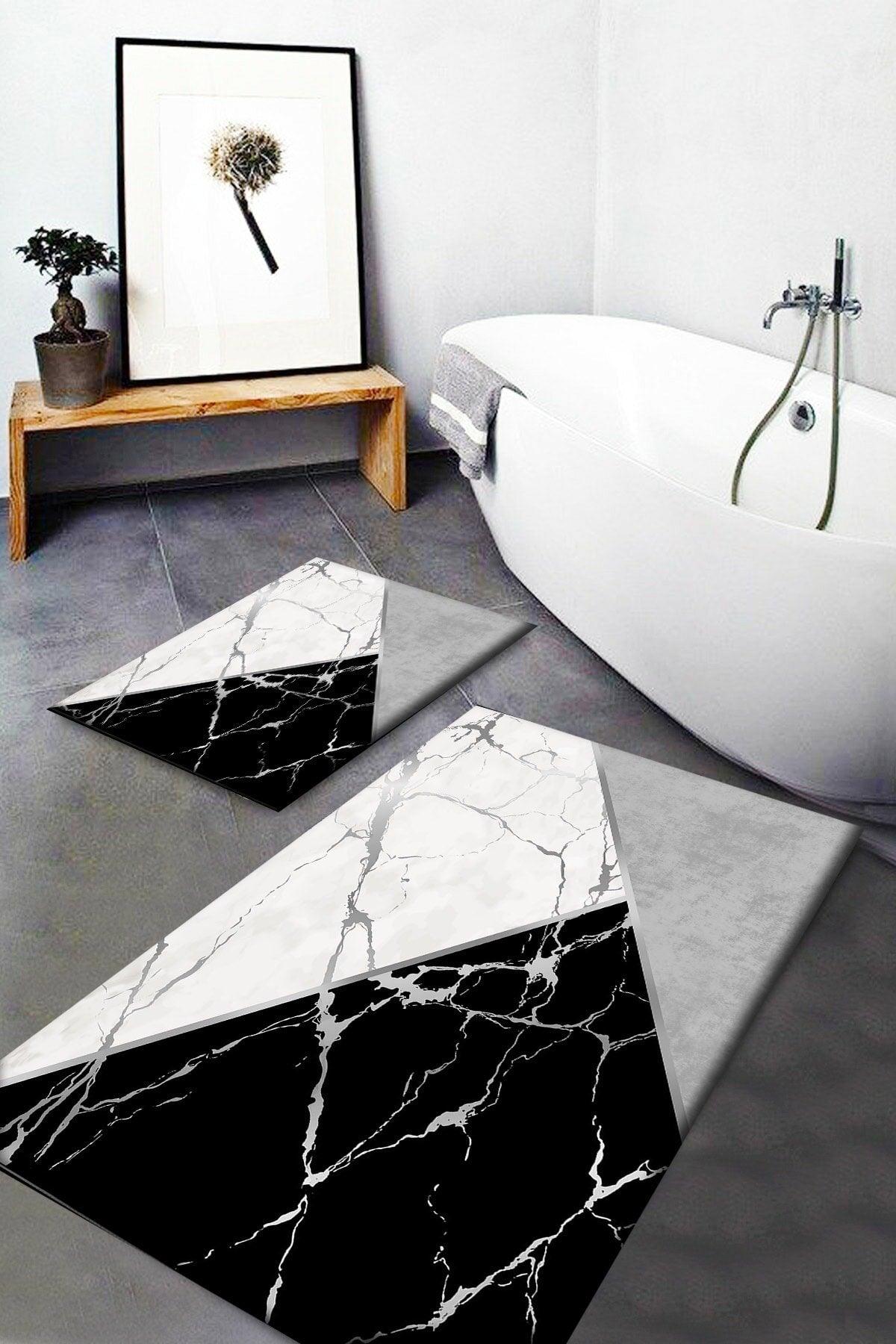 Osso Gray Black White Triangle Patterned Washable Non-Slip Bath Mat 2-Paper Closet Set Carpet Dts-27 - Swordslife