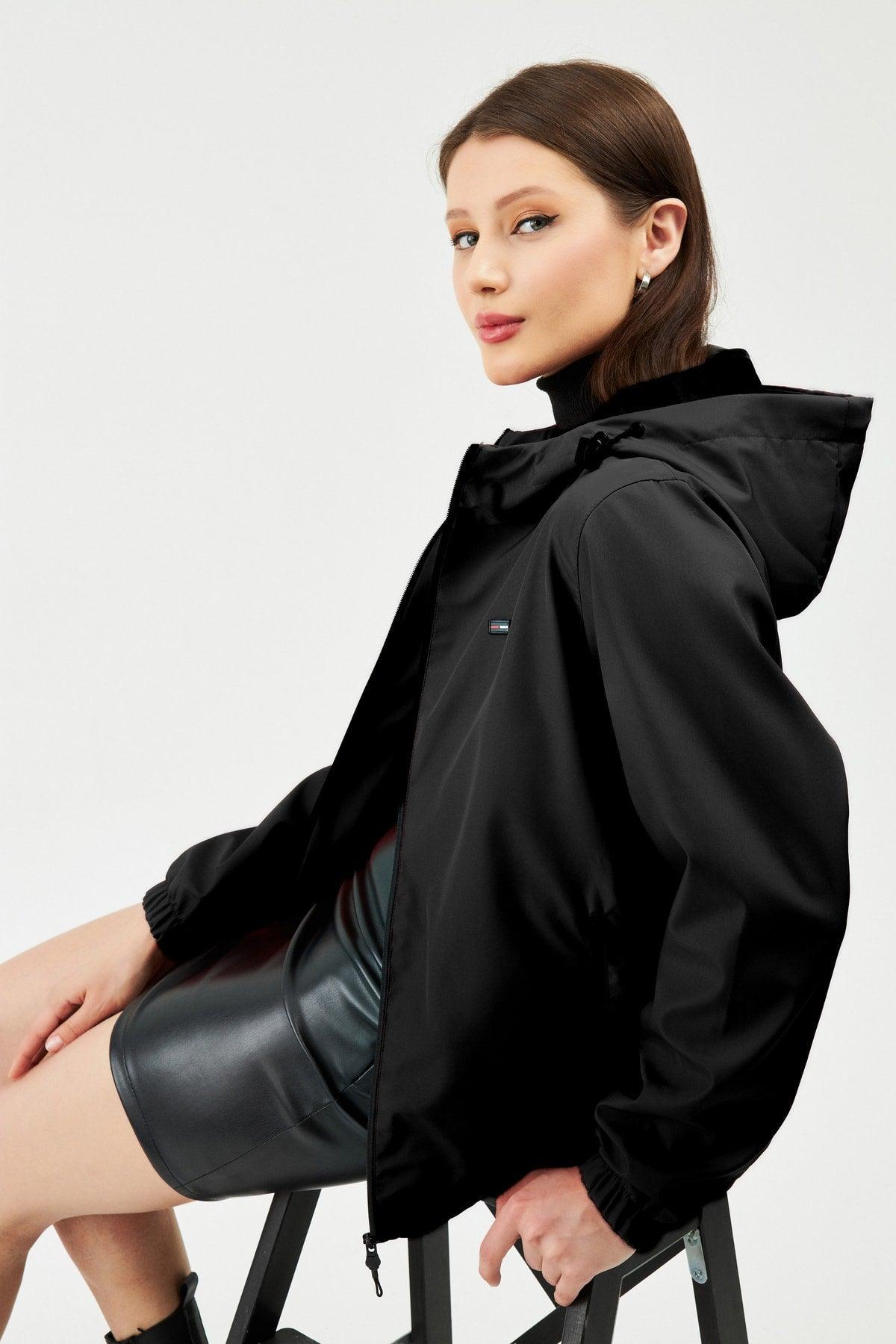 Women's Black Lined Waterproof Hooded Raincoat with Pocket - Windbreaker Jacket - Swordslife