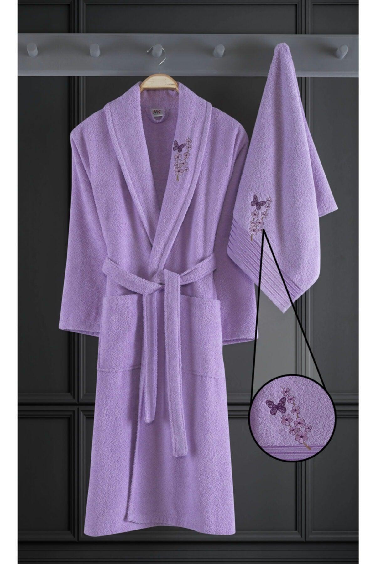 Alya Embroidered Cotton 2 Piece Bathrobe Set Lilac - Swordslife