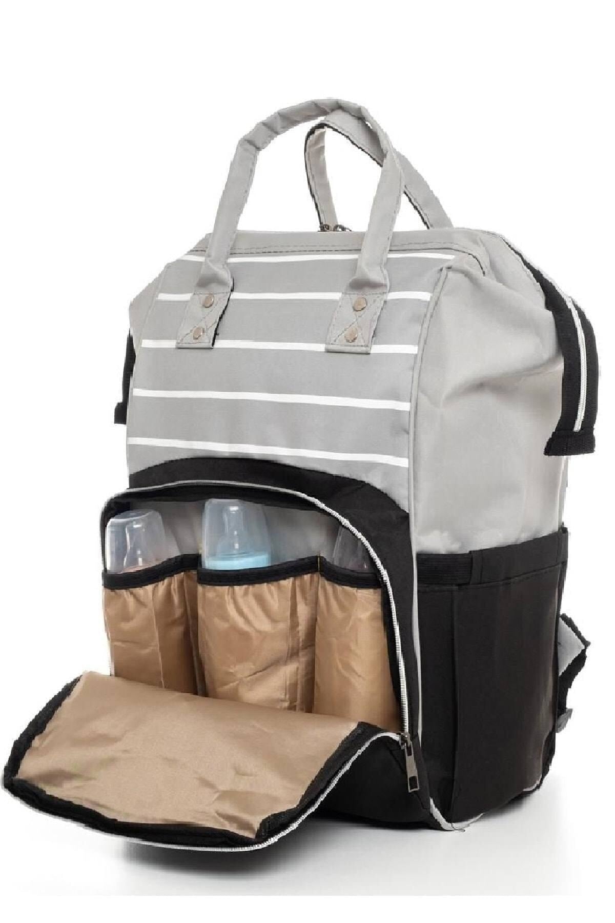 Black Smoked Striped Mother Baby Care Backpack With Baby Bottle Thermos Liquid Proof Stroller With Hanger Apparatus