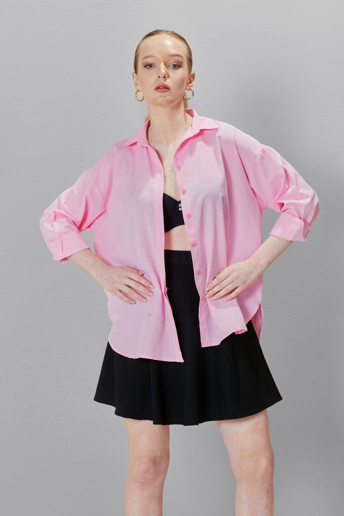 Women's Pink Oversize Long Basic Shirt - Swordslife