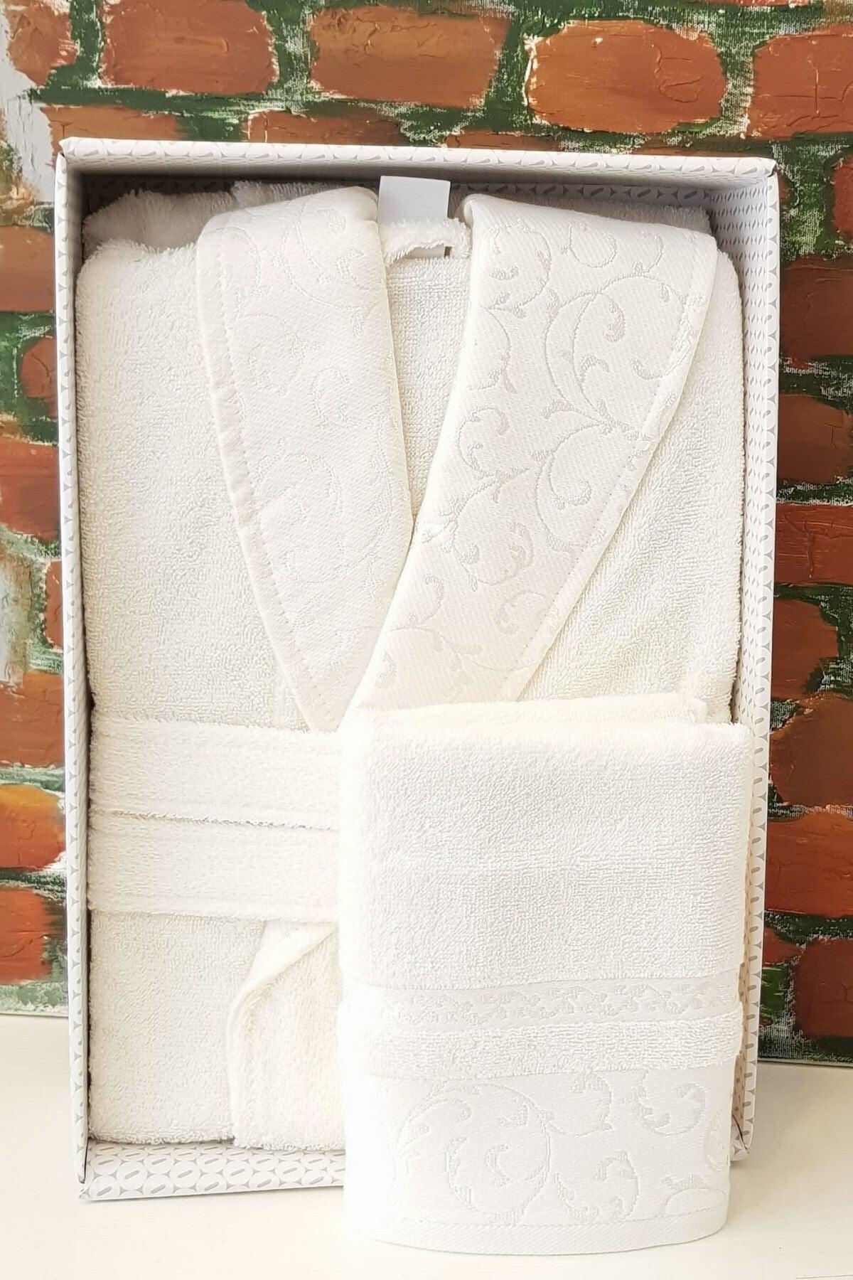 Serene Shawl Collar Bathrobe Head Towel Set M Size Cream - Swordslife