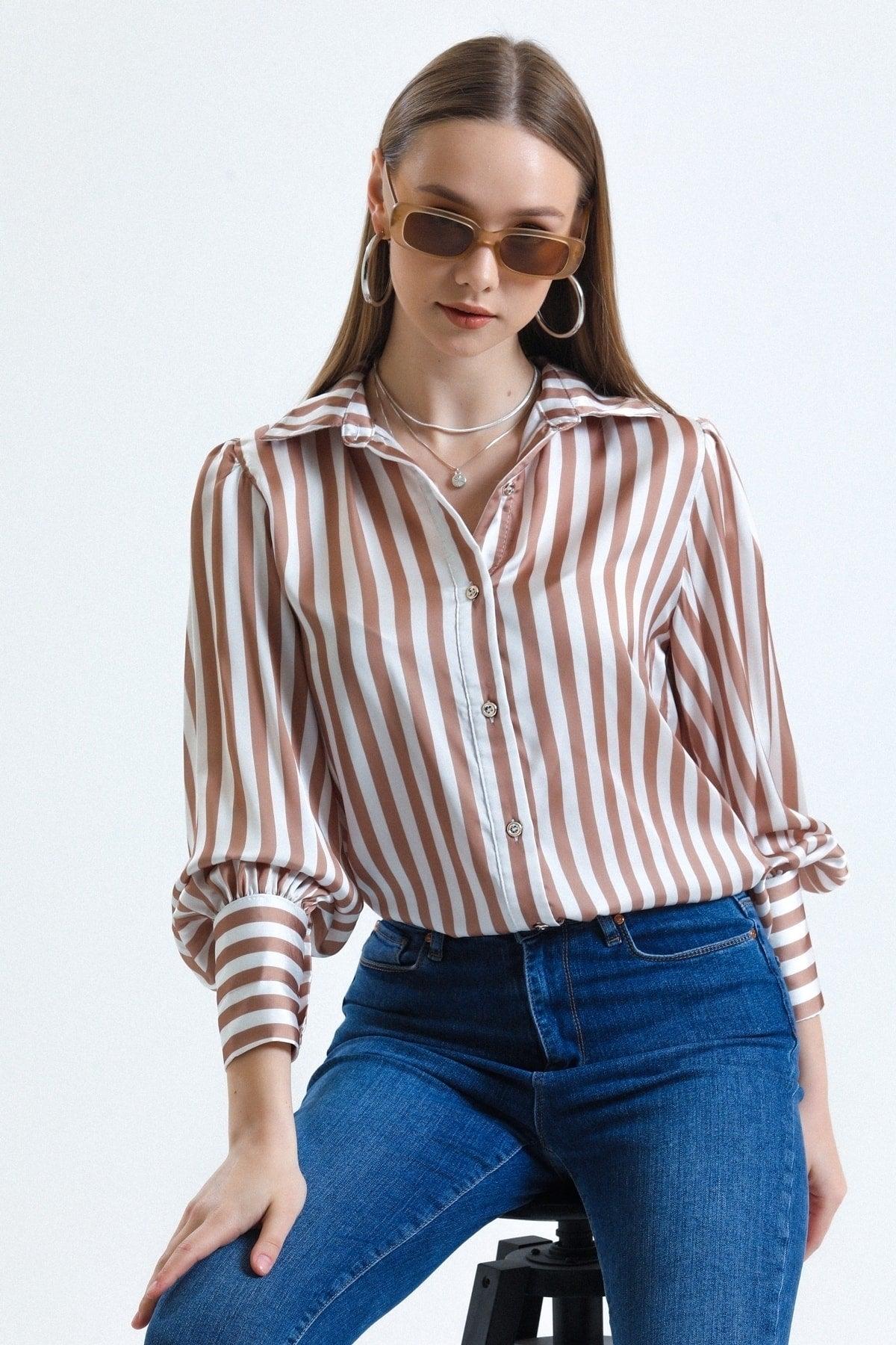 Women's Coffee Balloon Sleeve Ruffle Detailed Oversize Striped Satin Shirt - Swordslife