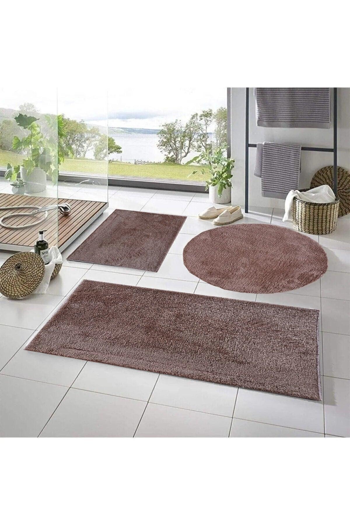 3 Piece Bathroom Carpet Plush Post Carpet Closet Set Brown 50x90--50x60---50x50(round) - Swordslife