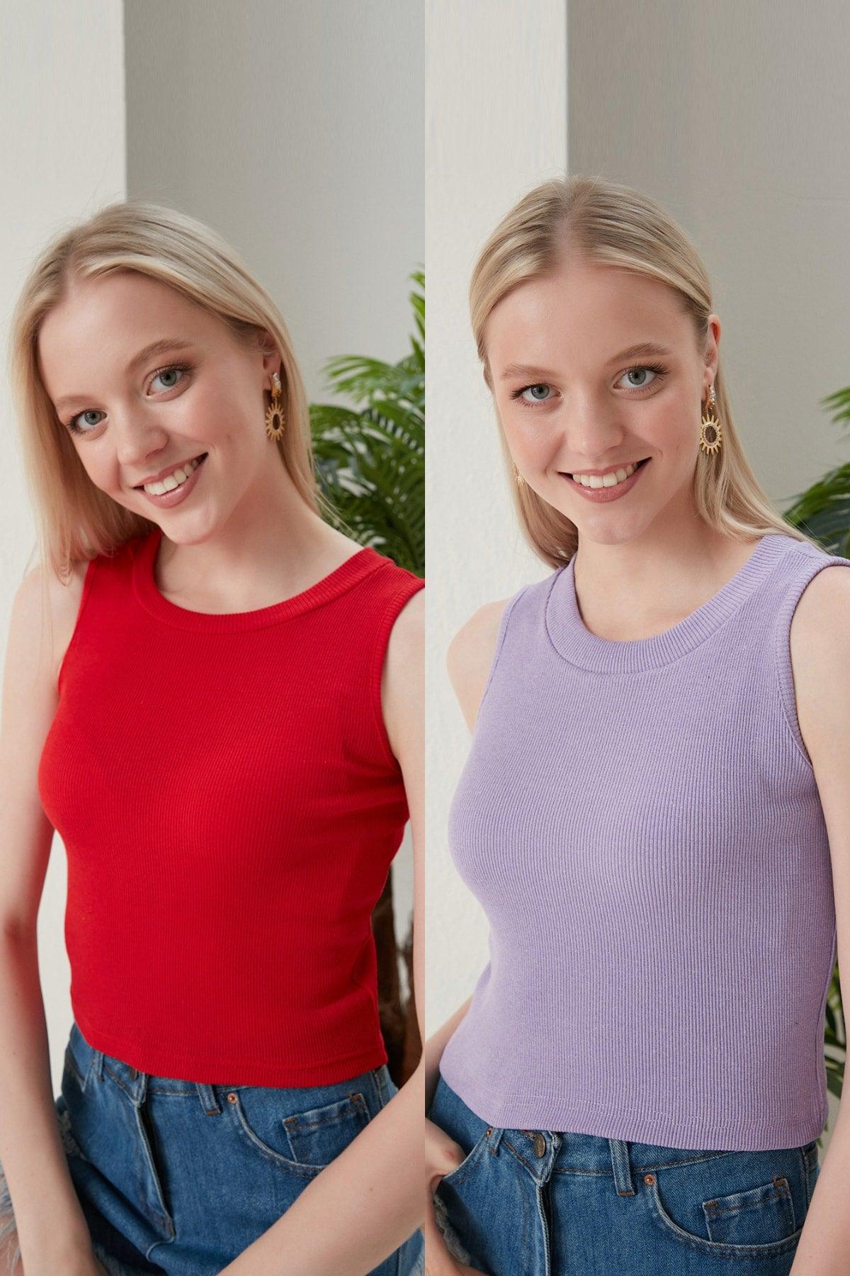 Women's Red Lilac Halter Neck Corduroy 2-Pack Crop Blouse - Swordslife