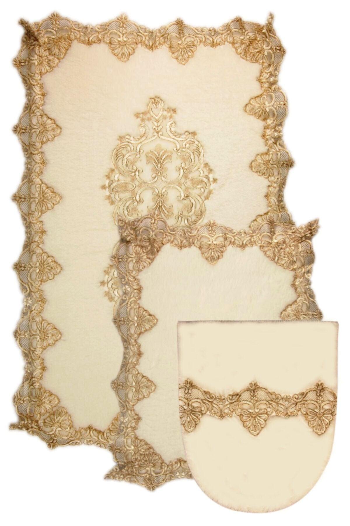 Cream Gold Palace 3-piece Dowry French Lace Appliqued Closet Set Bath Mat Set - Swordslife