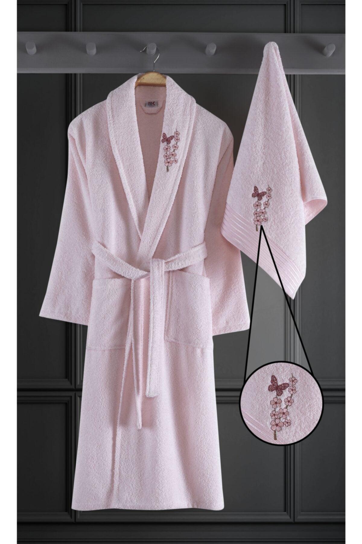 Alya Embroidered Cotton 2 Piece Bathrobe Set Pink - Swordslife