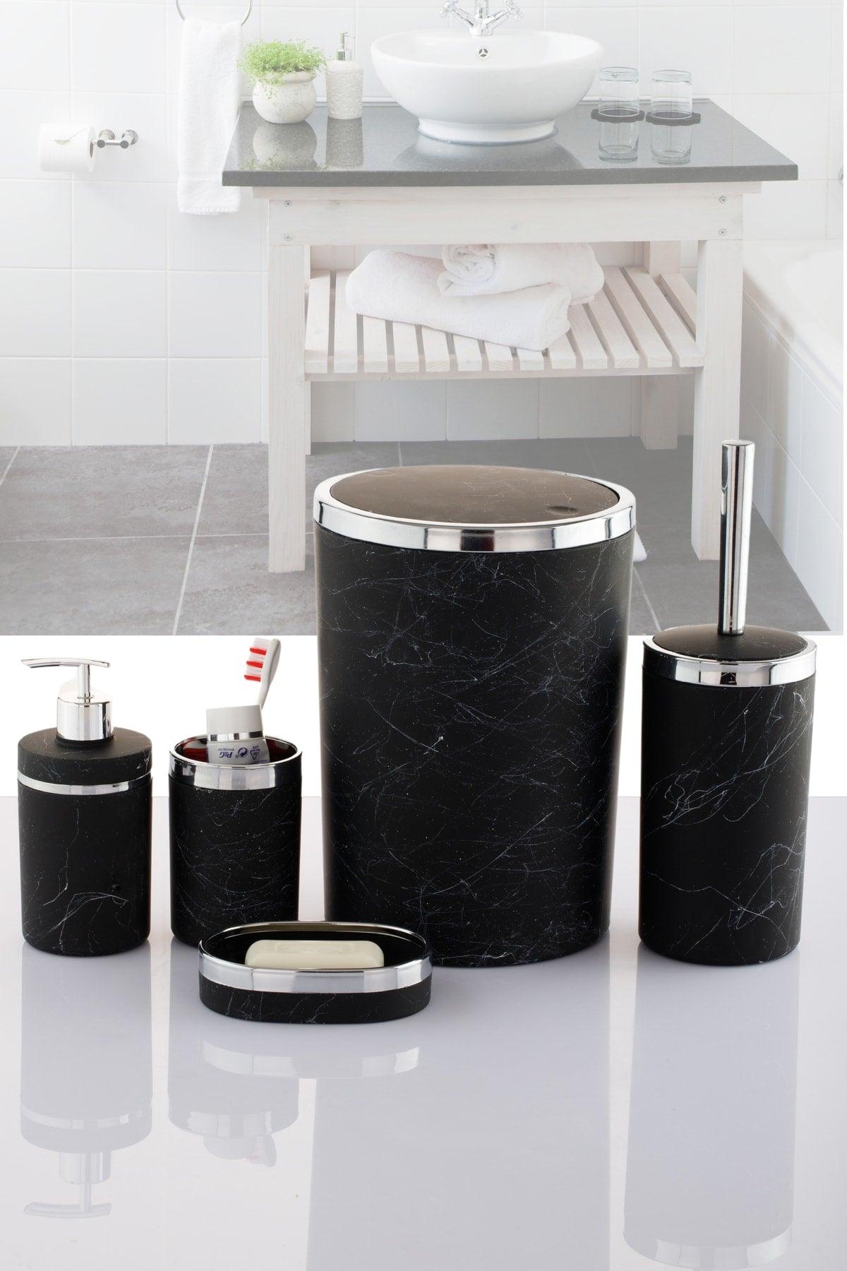 5 Piece Bathroom Set Marble Patterned Soft Color Tone Gold And Silver Plated Detailed - Swordslife