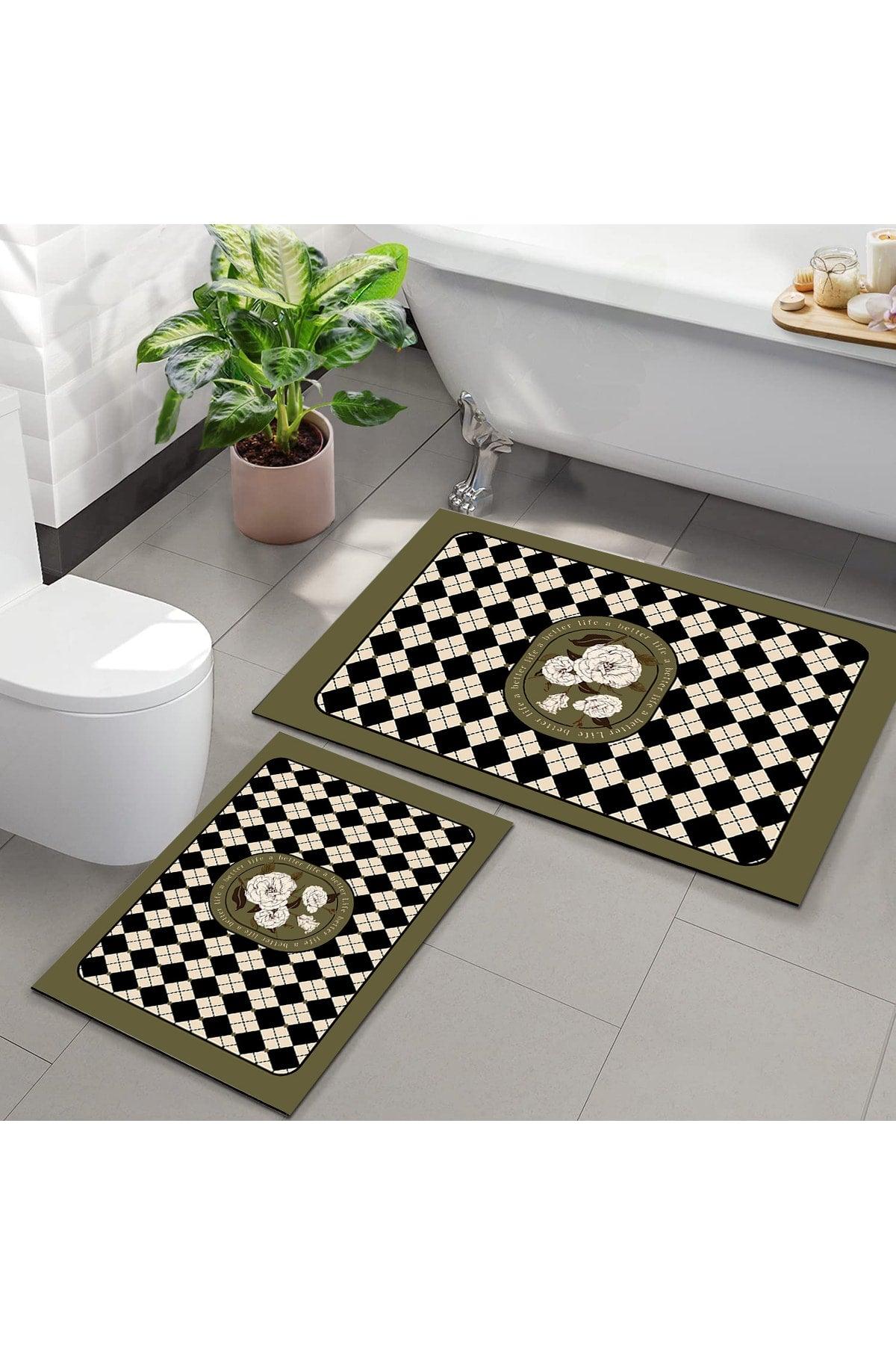 Else Decor Green Floral Patterned Washable Non-Slip Floor 2 Bathroom Carpet Doormat Closet Set - Swordslife