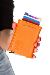 Unisex Leather Aluminum Mechanism Sliding Card Holder Wallet With Paper Money Compartment