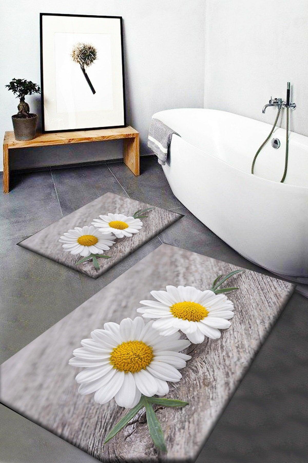 Else Gray Yellow Daisies Patterned Washable Non-Slip Base 2 Pcs Bathroom Carpet Doormat Closet Set - Swordslife