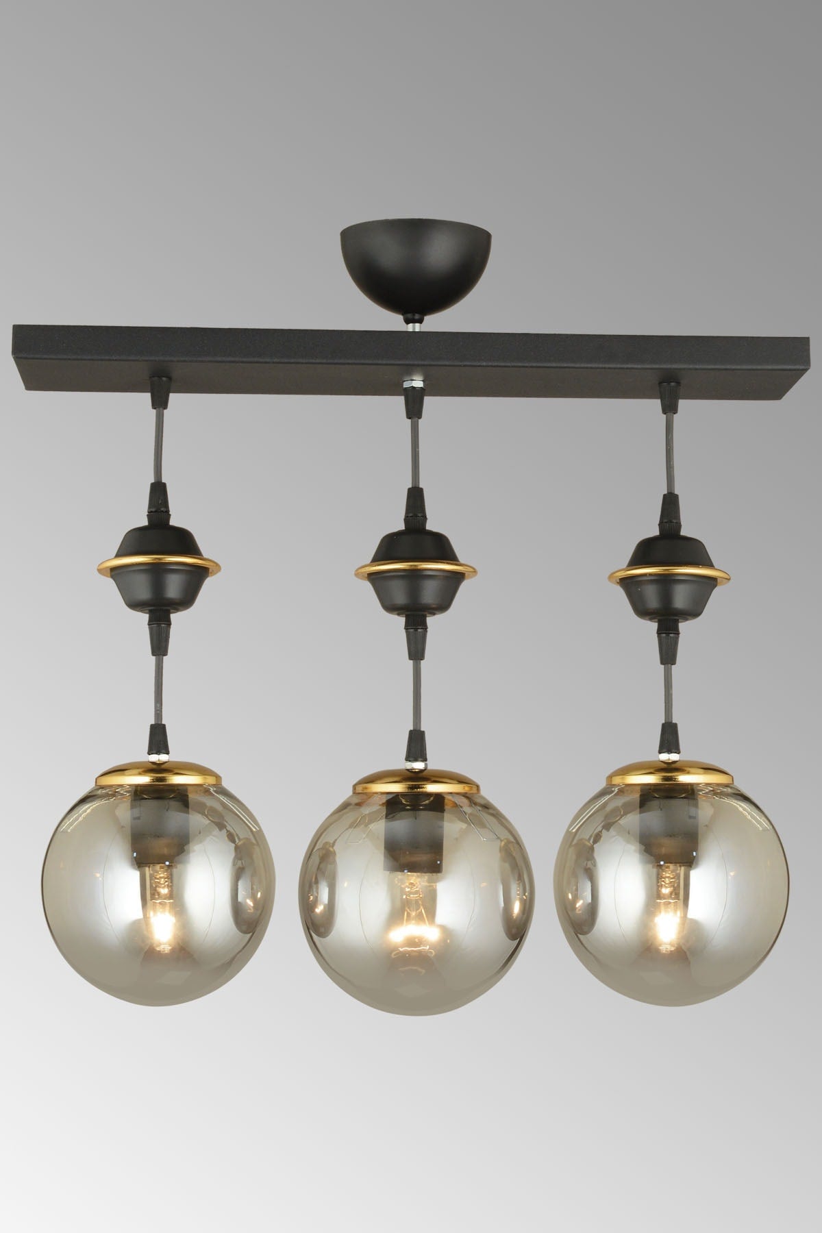 Row of Black 3-Piece Smoked Globe Glass Pendant Lamp Luxury Chandelier