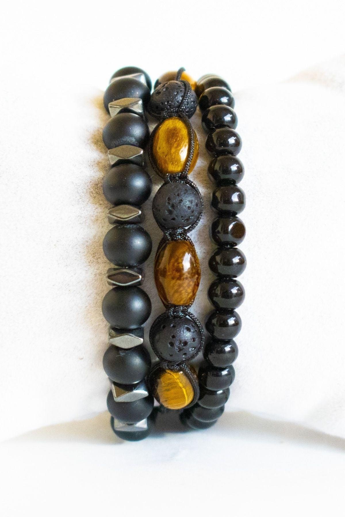 3 Pcs Bracelet Set Tiger Eye Lava Macrame Natural Stone, 6 Mm Black Onyx Stone And 8mm Hematite Bracelet - Swordslife