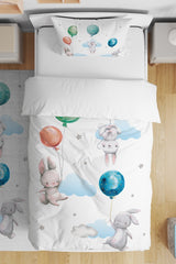 Balloon Flying Rabbits Patterned Single Baby Kids Duvet Cover Set