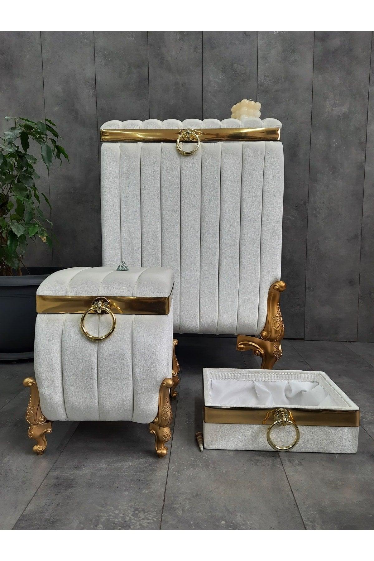 Luna Cream 3 Pcs Mdf Silk Velvet Bathroom Set Dirty Laundry Basket - Towel Holder - Detergent Set - Swordslife