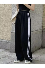 Black Unisex Double Stripe Tracksuit Streetwear Wide Leg Oversize Sweatpants - Swordslife