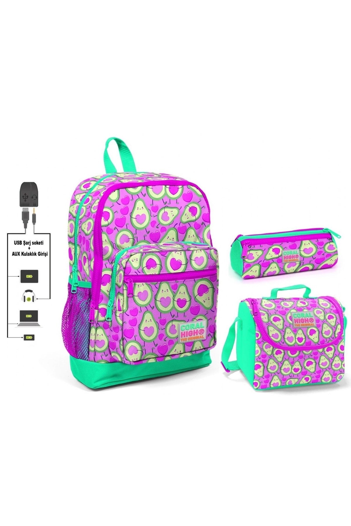 Pink Avacado Printed Girls' Primary School Bag Set - Usb Output