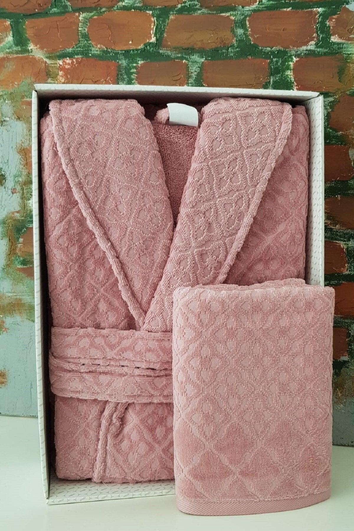 Women's Dried Rose Tile Shawl Collar Bathrobe + Head Towel Set - Swordslife