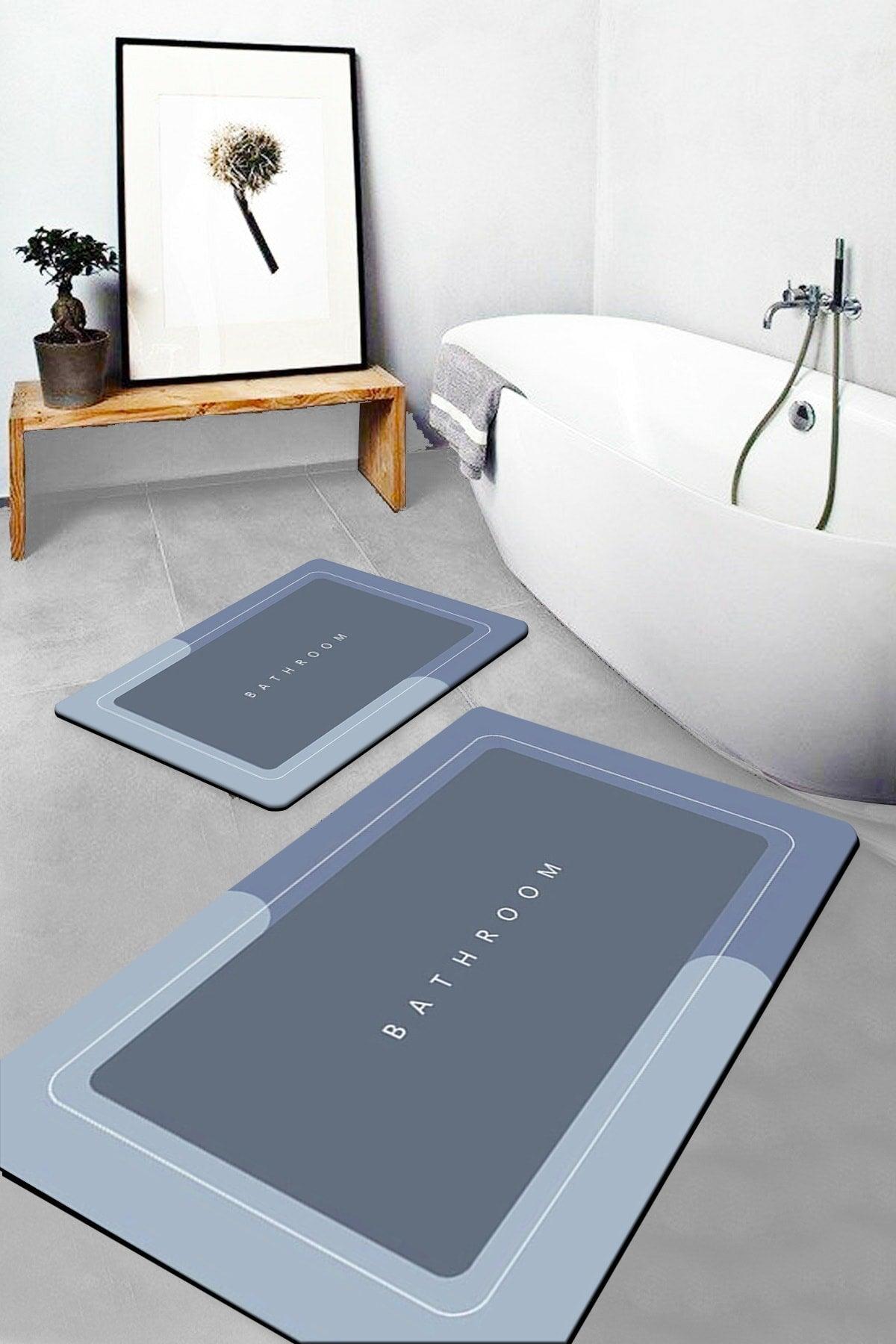 Else Blue Bathroom Written Pattern Washable Non-Slip Floor 2 Pcs. Bathroom Carpet Mat Closet Set - Swordslife