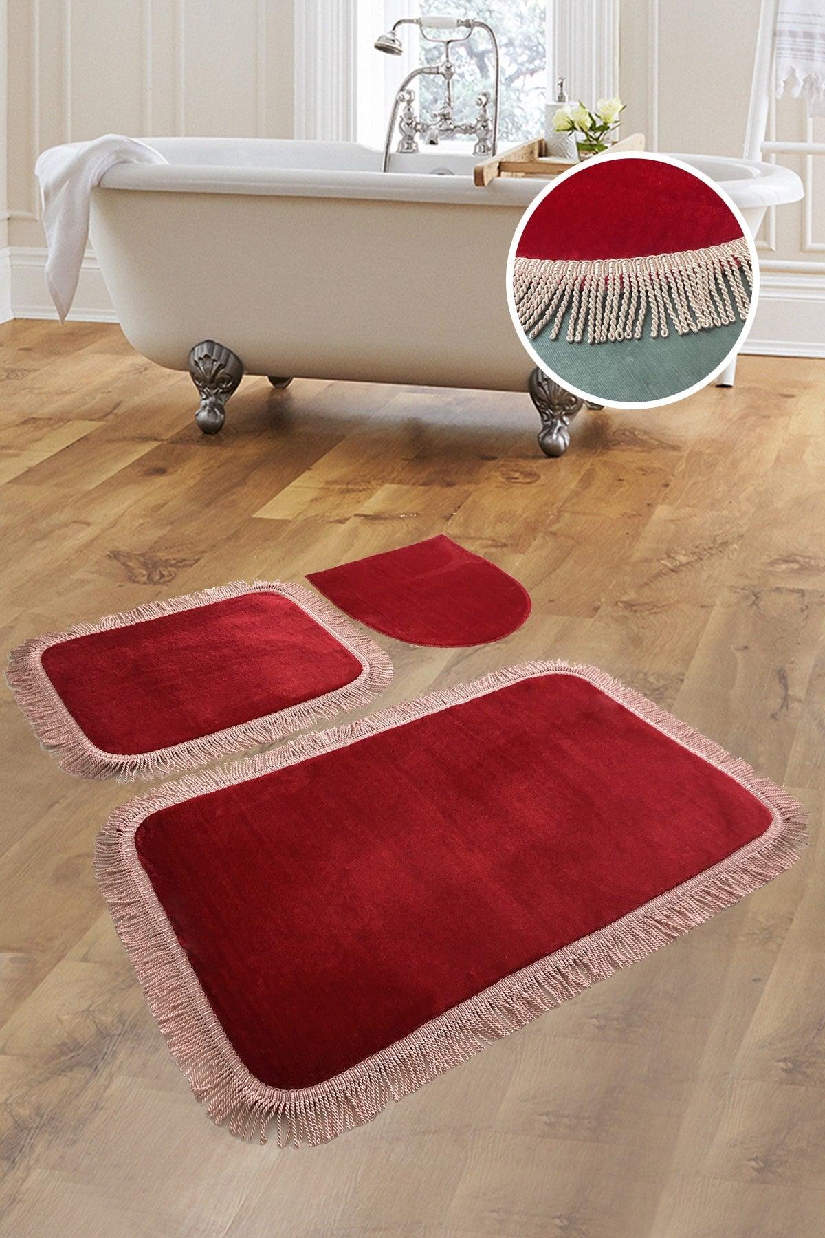 Shareton Cornered Claret Red 3-Piece Bath Mat Set Twirl Fringed Tassel Dowry Closet Set - Swordslife