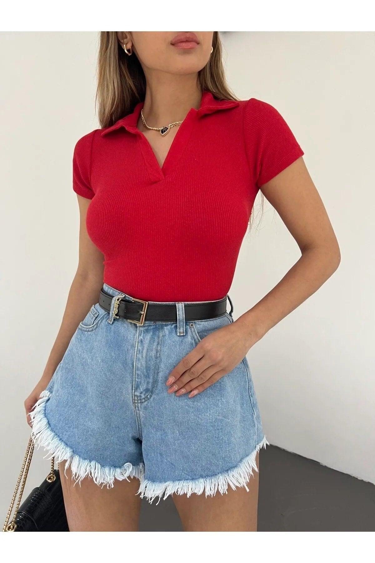 Fitted/Fitted Red Polo Neck Short Sleeve Camisole Crop Blouse - Swordslife